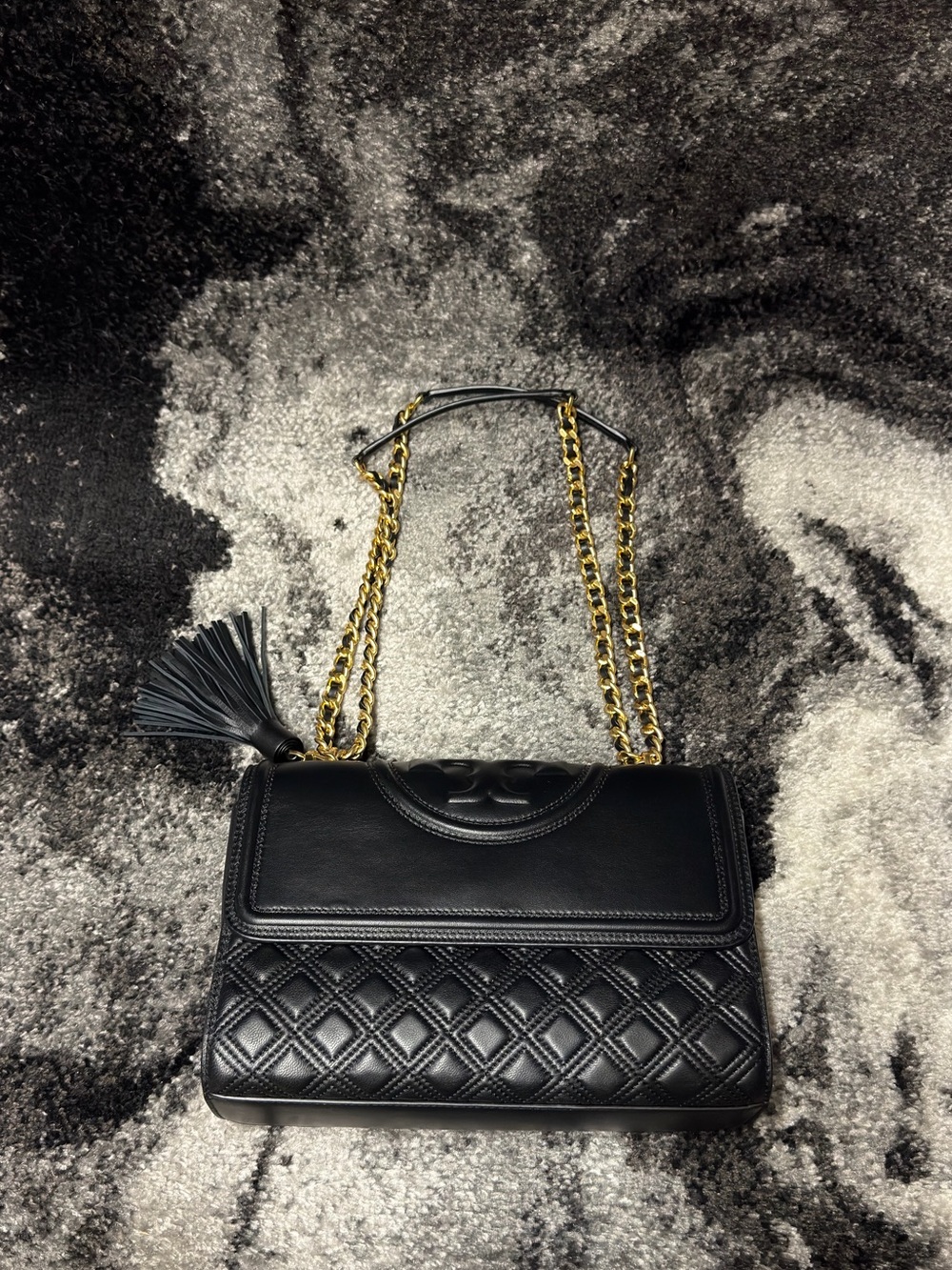 Tory Burch Fleming Convertible Leather Shoulder Bag Black and Gold